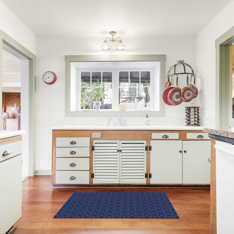 Un-Rug Cubics Rube Low Profile Kitchen Mat by Matterly, Rectangle 3' x 5', Blue