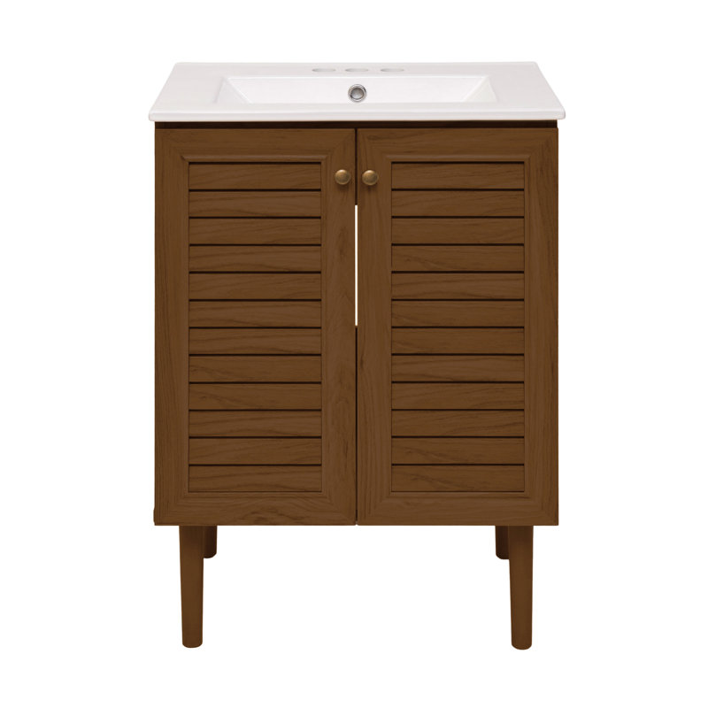 Meuble-lavabo autoportant 24 po en chêne brun avec comptoir central à 3 trous Bron, Blanc, Chêne brun, Centres de 4 po