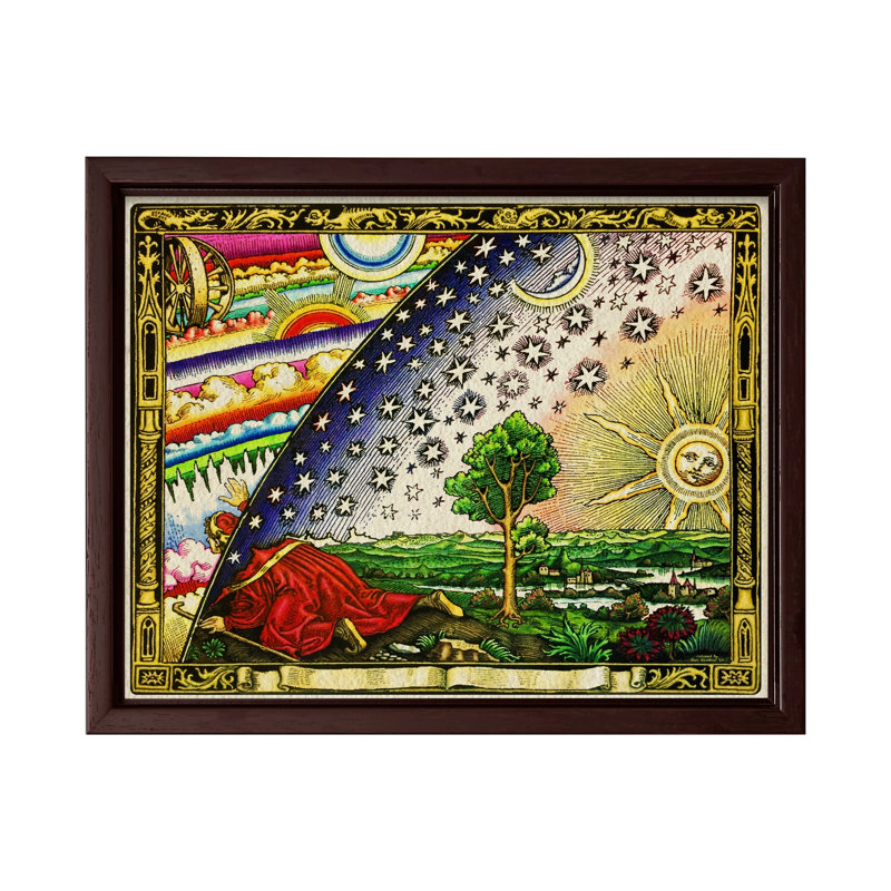 Flammarion gravant une carte de la terre, Canevas, H 18 po x l 24 po, Encadrement brun