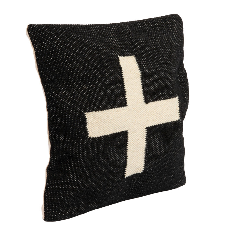 Wool Blend Pillow with Swiss Cross, Black/Cream
