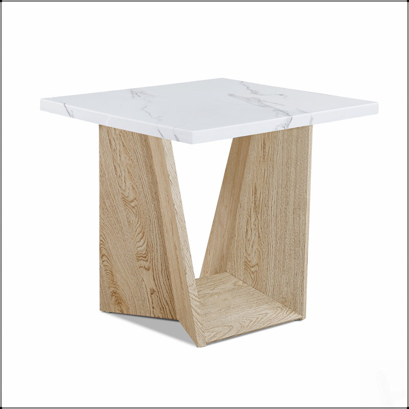 Ensemble de cocktail moderne 3 pièces avec luxueux plateau en faux marbre et base angulaire en chêne blanc pour un salon élégant