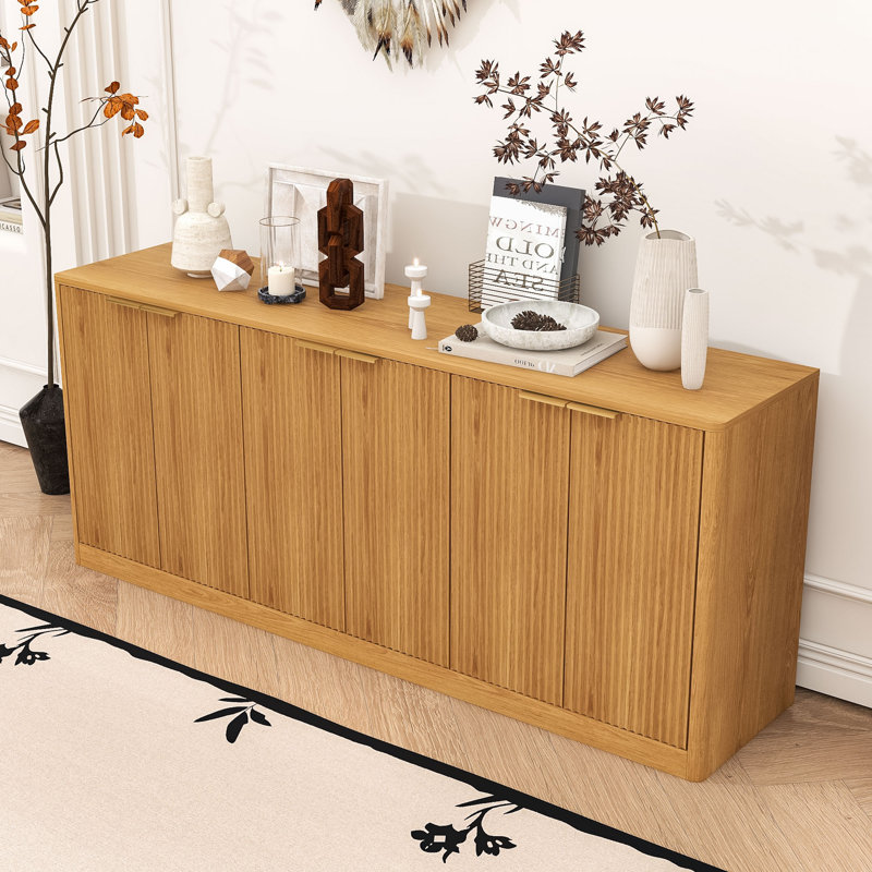Modern Wave Design 6-Door Sideboard Buffet Cabinet with Spacious Storage, Natural