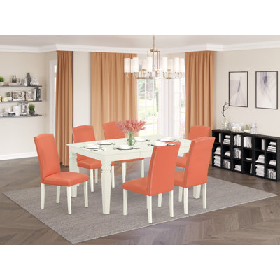 7 Piece Kitchen Table Set Consist of a Rectangle Dining Table with Butterfly Leaf and 6 Pond Faux Leather Parsons Dining Chairs, Linen White
