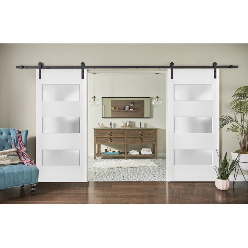 Porte de grange double robuste avec verre givré 3 lumières | Lucia 4070 soie blanche | Ensemble de 13 cintres lourds pour rail | Portes intérieures à panneau plein - Rail noir