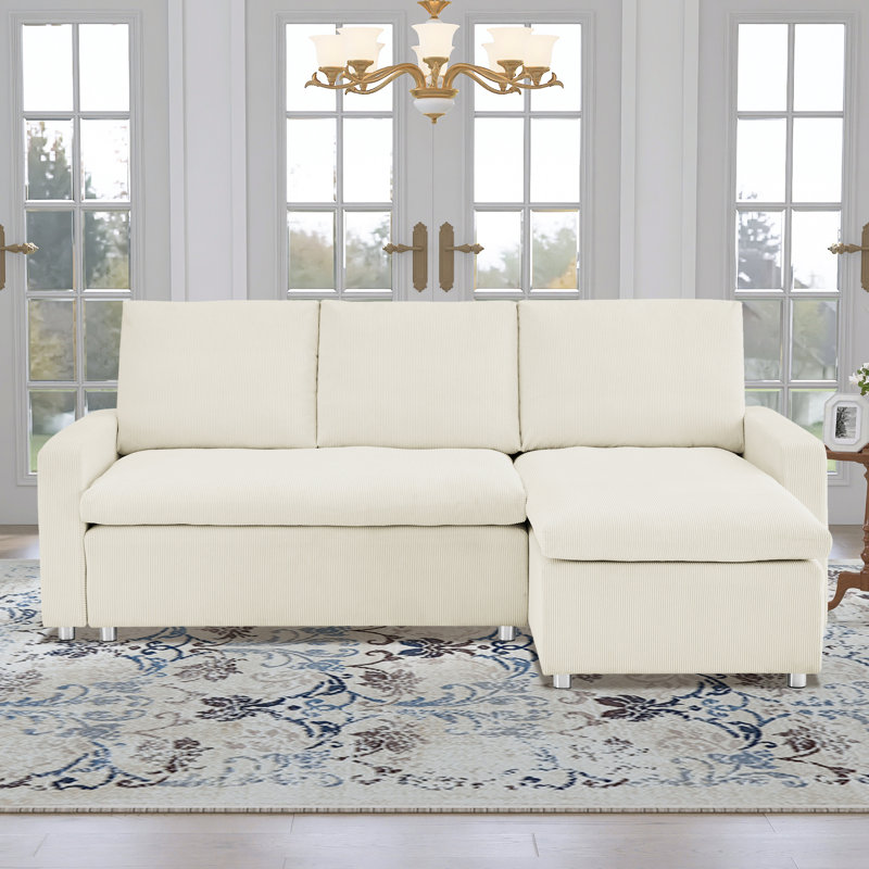 90"W Convertible Sleeper Sofa with Reversible Chaise, Beige Corduroy