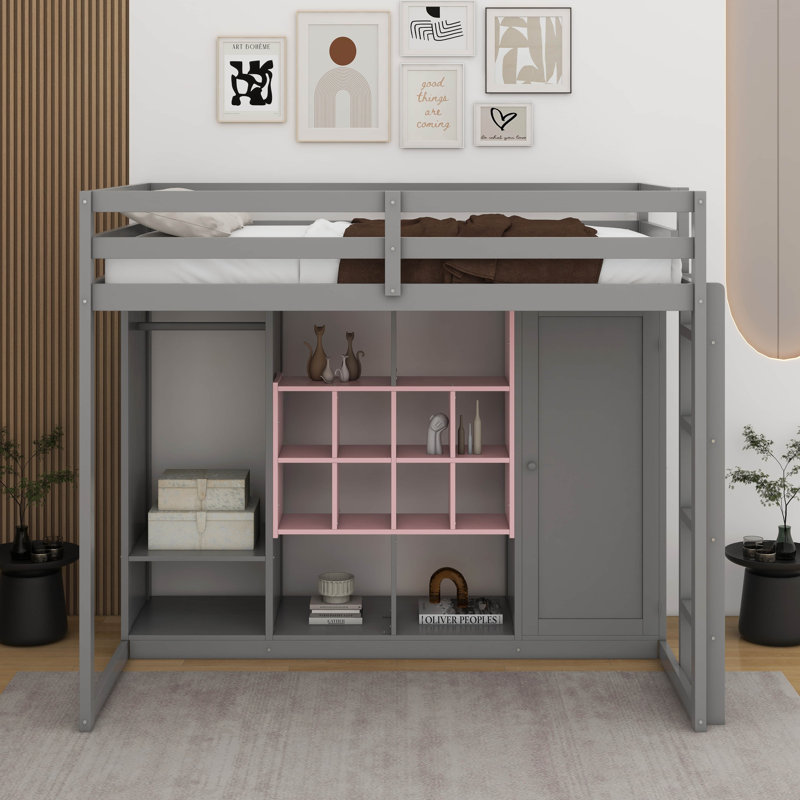 Twin Size Wood Loft Bed With Wardrobe, Shelves And Cabinet, Gray/Pink