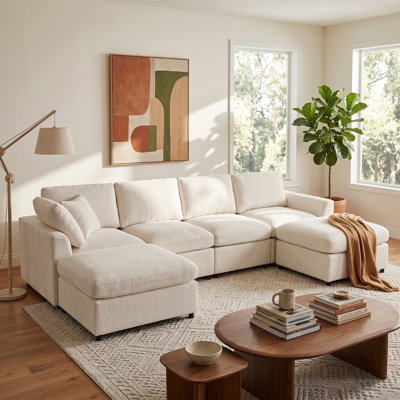 Canapé d'angle modulaire 6 places de 331 cm (130,3 po) avec 2 poufs amovibles, assise profonde en chenille, structure en pin massif et coussin décoratif.