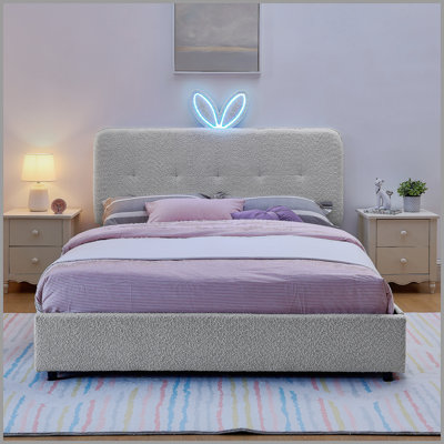 Grand lit tapissier pour enfant avec tête de lit surdimensionnée, lumière DEL et 4 tiroirs de rangement, tissu bouclé