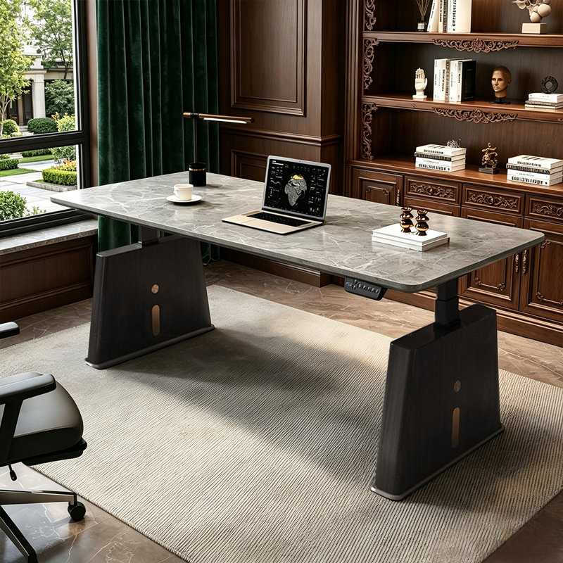 Bureau à hauteur réglable de 55,12 po à dalle de granit, 49.21" H x 55.12" W x27.56" D, Noir; gris; argent