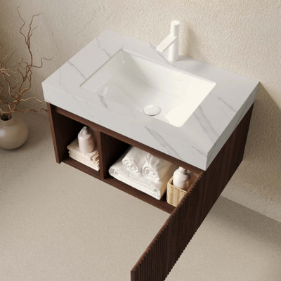 Meuble-lavabo de salle de bain, meuble de rangement flottant, comptoir en pierre frittée blanc Carrara et lavabo en céramique avec 1 trou de robinet pré-percé, ensemble sans robinet et drain
