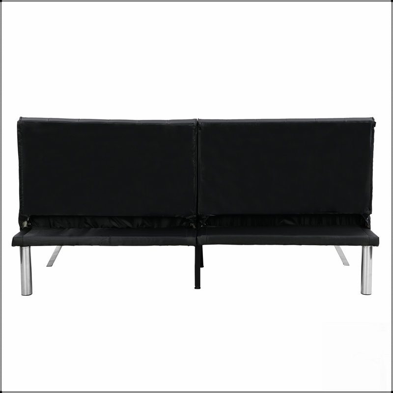 Stylish Black PVC Futon Sofa Bed With Wood Frame And Stainless Legs, Perfect For Modern And Traditional Interiors.