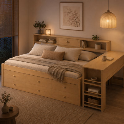 Lit de jour double Moorebank avec lit gigogne, bureau d'angle intégré, étagères latérales et tiroirs de rangement, structure en pin naturel/MDF en forme de L, lit multifonctionnel gain de place