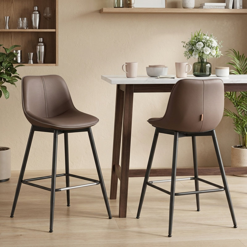 Borna 17.7''W x 15.7''D Mid-Century Faux Leather Bar Stools/ Counter Stools with Steel Frame & Footrest, Brown