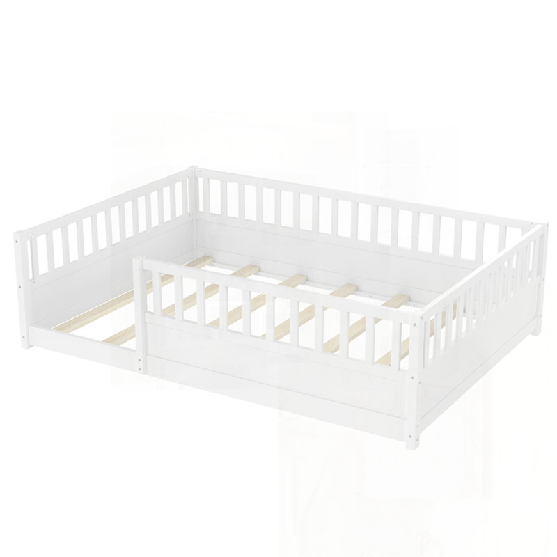 Full Size Montessori Wooden Floor Bed With High Safety Barrier And Integrated Door For Children, Full, White