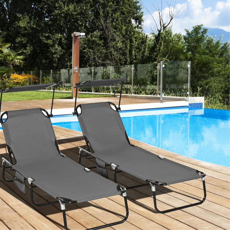 Chaise de piscine inclinable, gris foncé - pliable avec auvent pour la plage, la cour, les chaises de bronzage de patio et le dossier réglable