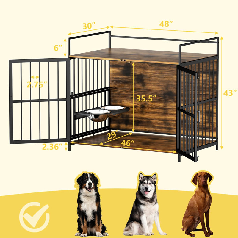Grande cage à chien brune de 48 po avec mangeoire surélevée réglable pour animaux, H 43,39 po x l 46,98 po x P 30,43 po