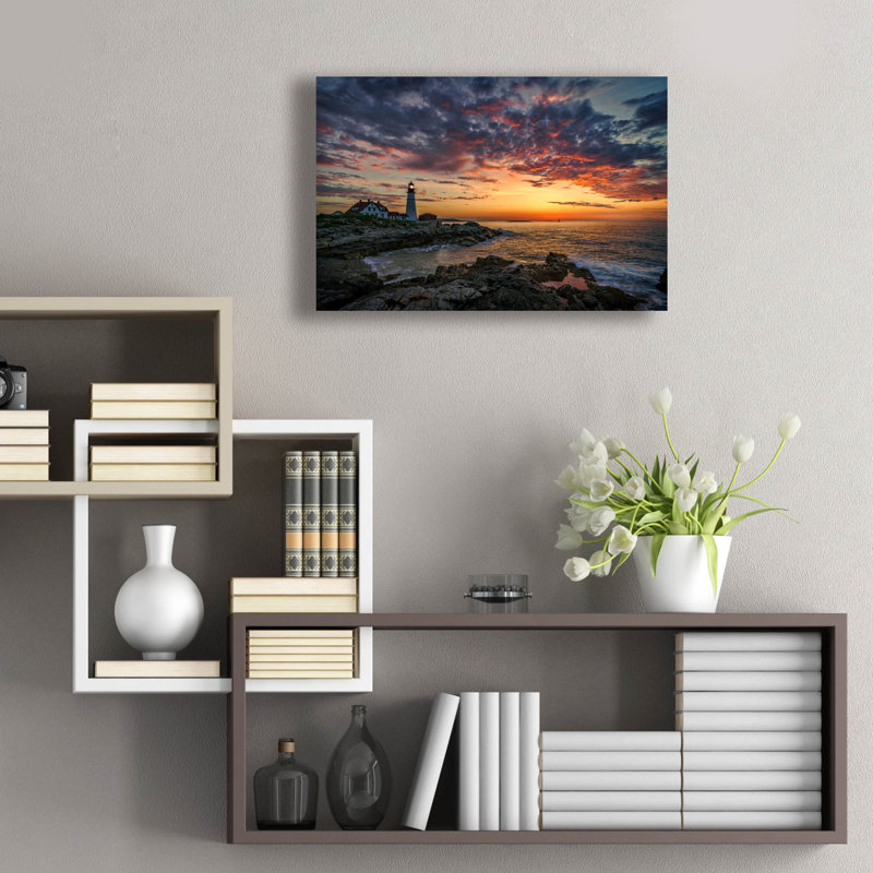 Art mural en verre Highland Dunes «Spring Dawn Portland Head Light» par Rick Berk, H 16 po x l 24 po x P 0,2 po