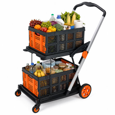 Chariot portatif pliable à 2 niveaux, chariot de magasinage pliable avec roues pour l'épicerie, le jardin et le camping