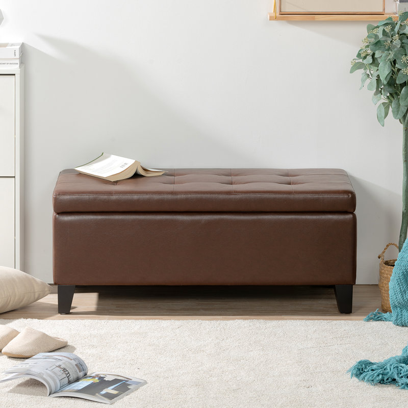 Marliese PU Leather Storage Ottoman with Wooden Legs, Brown