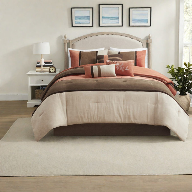 Luxurious Coral Cal King Bedding Set, Polyester For Home Decor