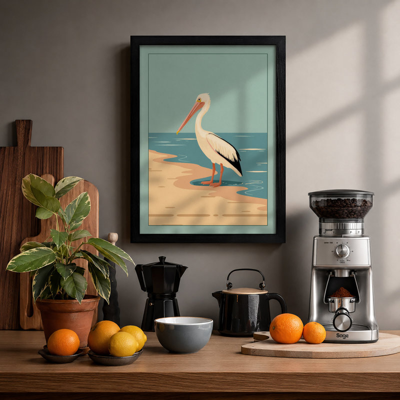 Pelican at Rest Coastal - Framed Print, A2 - 59.4 x 42.0 cm, Black