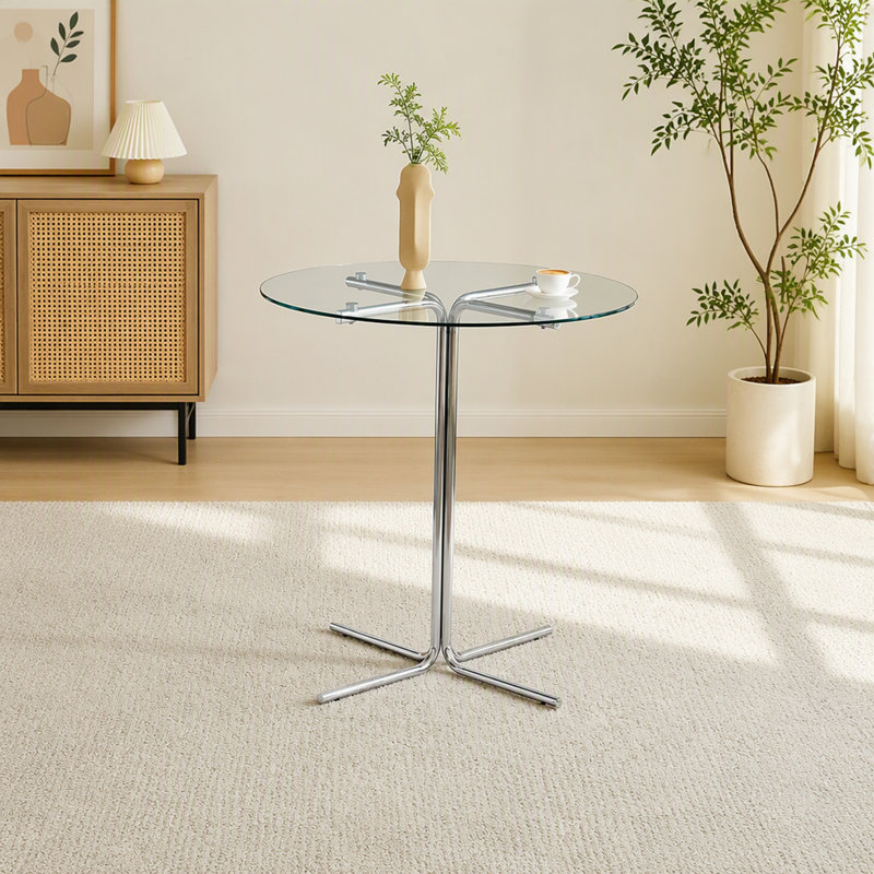 Table de bar ronde en verre avec base chromée pour petits espaces