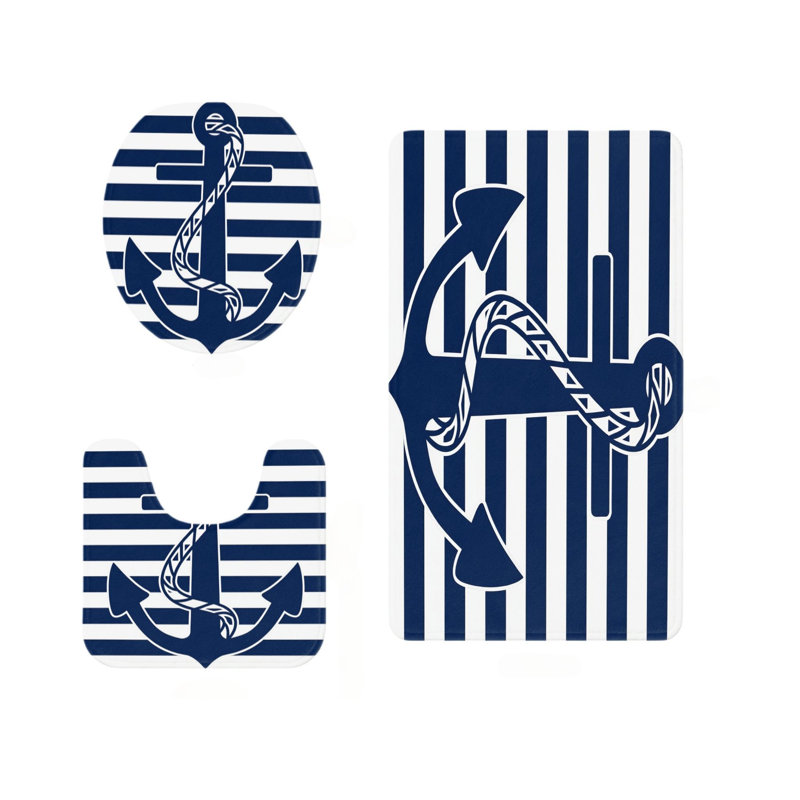 Navy Anchor Stripe Bathroom Rug Kit 3 Pack
