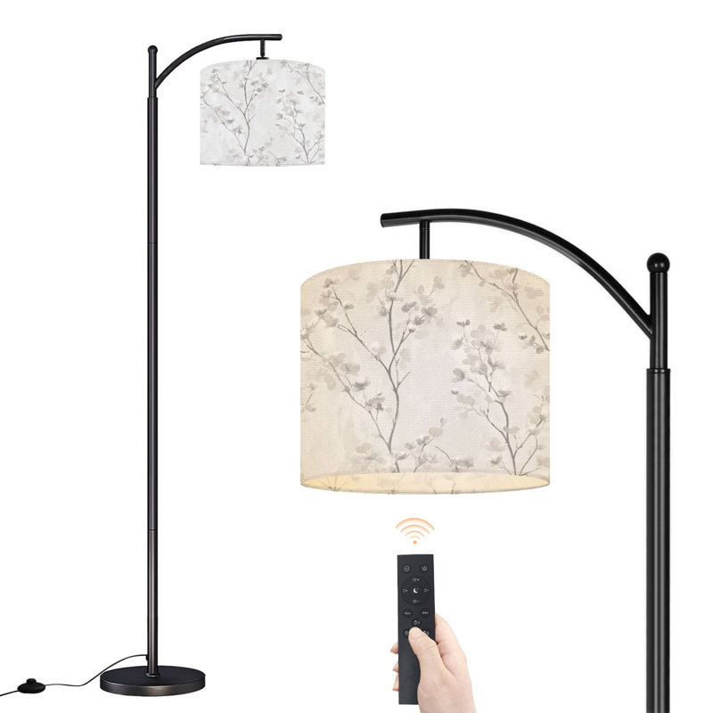 Lampe sur pied à arc avec abat-jour ajustable Lampe sur pied à branches florales gris doux à aquarelle