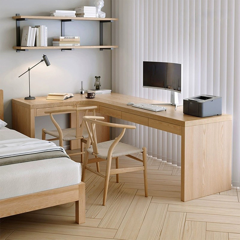 Bureau en bois massif en L Burlywood, H 29,53 po x l 86,61 po x P 47,24 po, Retour à gauche