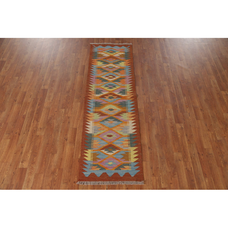 Geometric Kilim Reversible Wool Runner Rug 2x7
