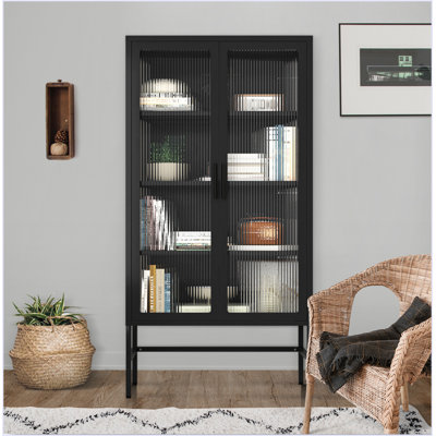 Armoire de rangement à double porte en verre avec tablettes réglables et pieds en acier laminé à froid pour le salon Cuisine NOIRE