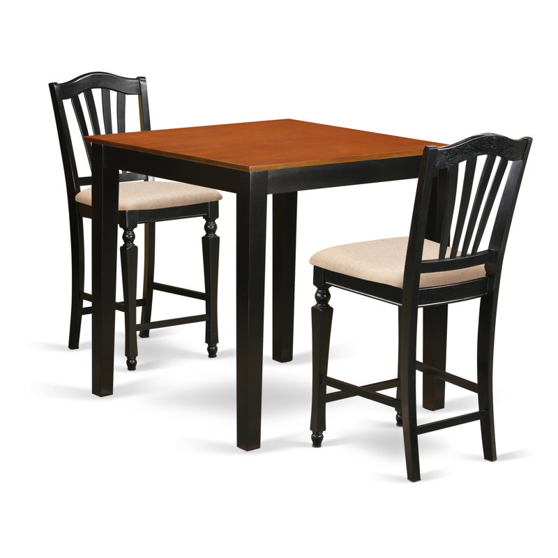 Ensemble de table de salle à manger à hauteur de comptoir 3 pièces comprenant une table de salle à manger carrée et 2 chaises en tissu de lin, noir et cerise