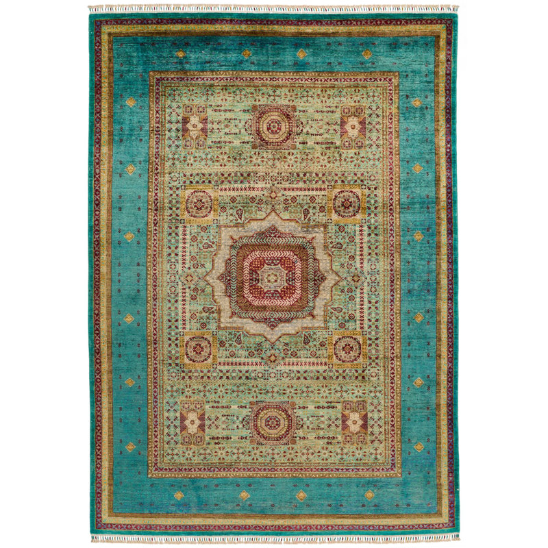 Tapis tribal turc vert et bleu 7 x 10