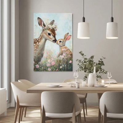 2D Flat, 1Pc Framed Canvas Wall Art, Deer and Rabbit, Wreath Kiss, Pastoral Impressionist Art Print Canvas Poster Painting Room Wall Decor, Ideal Gift