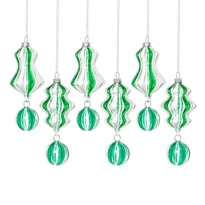 Ornements de Noël artisanaux en verre soufflé transparent vert et blanc, 2 modèles assortis, lot de 6