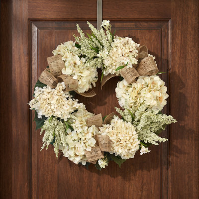 Hydrangea and Heather Wreath with Burlap Bows