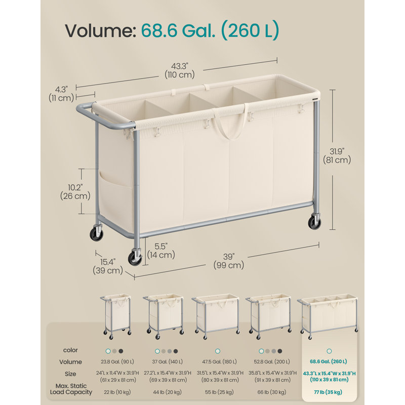 Panier à linge à 4 sections avec roulettes, 68,6 gallons (260 L), doublure amovible