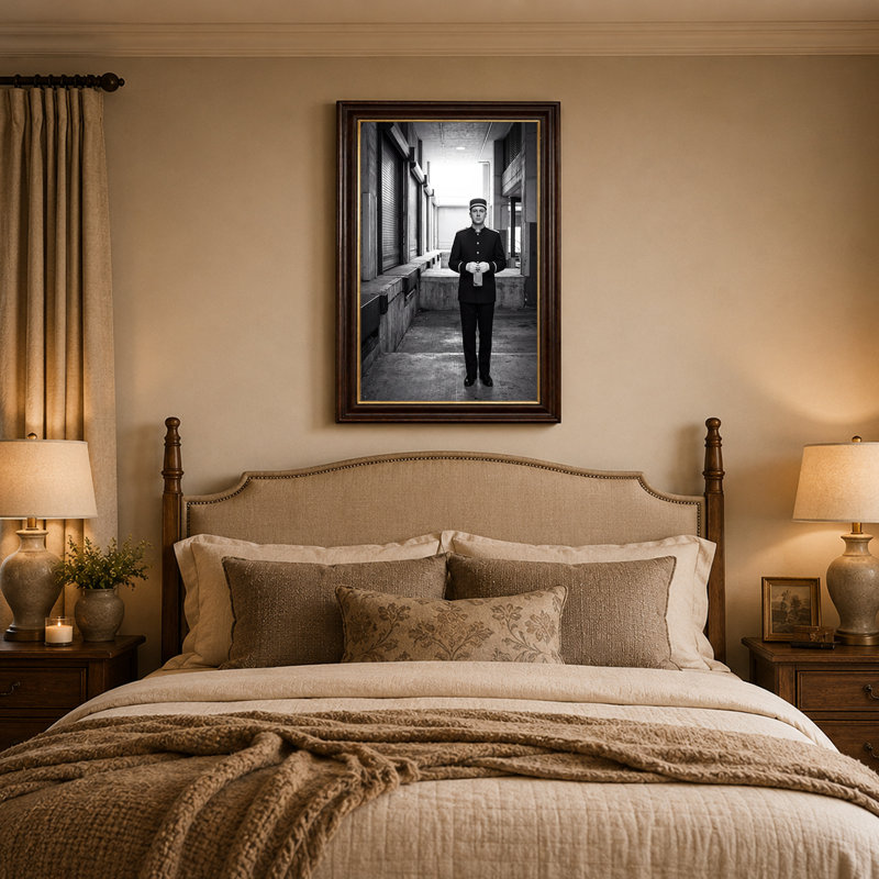 «Black and White Uniformed Man in Concrete Walkway», art mural, 18"H x 12"W