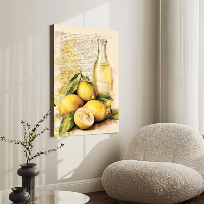 Nature morte au citron et à la bouteille en verre, sur fond d'écriture vintage, grande toile tendue sur châssis, idéale pour le salon ou la chambre.
