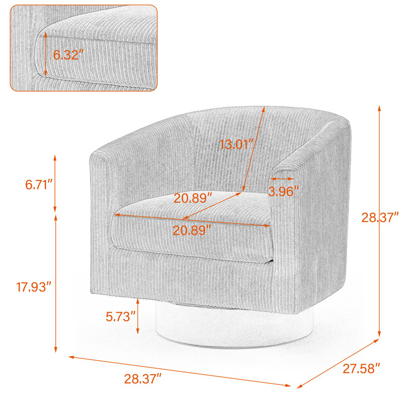 Fauteuil demi-tonneau pivotant en velours côtelé beige avec base en bois massif Applewold, Velours côtelé beige