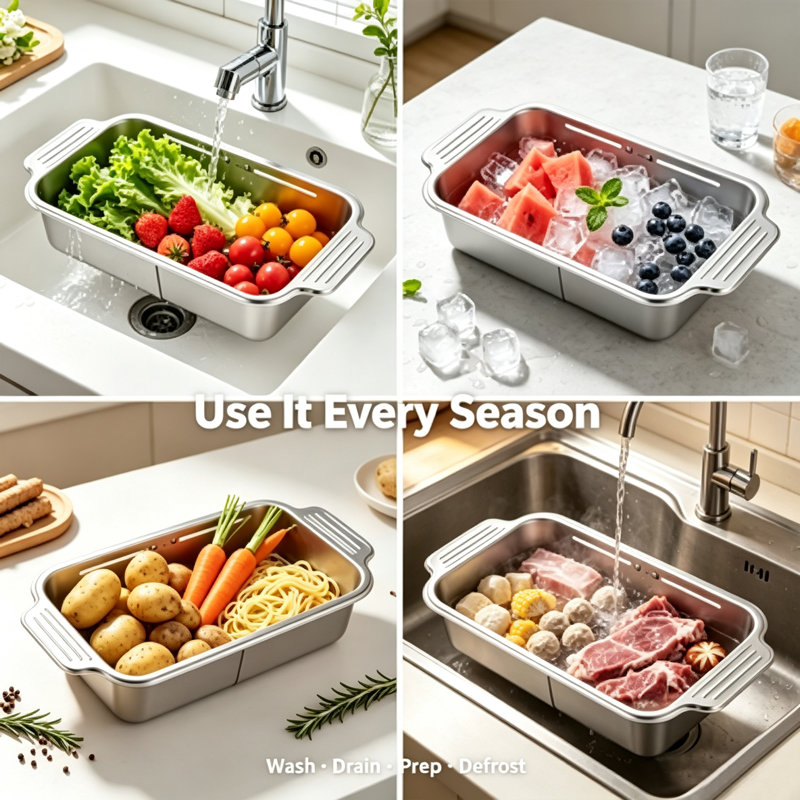 Passoire extensible en acier inoxydable, panier à drain télescopique réglable, crépine d'évier de cuisine multifonctionnelle pour le lavage des légumes, la vidange et le rangement des aliments