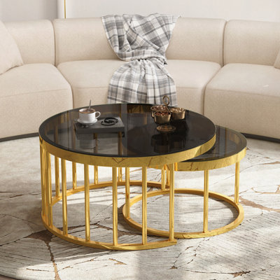Round Nesting Coffee Table Set of 2, Modern Gold Metal Frame Circular Cocktail Table, Tempered Glass Top Accent Nesting Tables for Living Room, Apartm