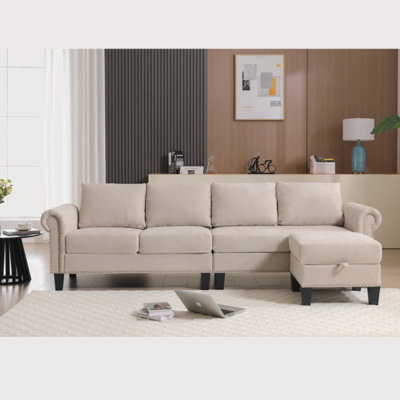 Canapé modulaire convertible avec rangement, canapé en L, canapé à quatre places, canapé modulaire en tissu de lin moderne pour le salon, beige