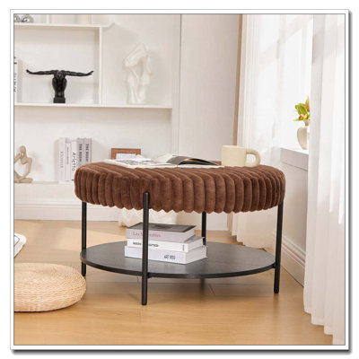 30.9"Wide Faux Fur Upholstered Round Ottoman Coffee Table Foot Rest with Black Metal Legs