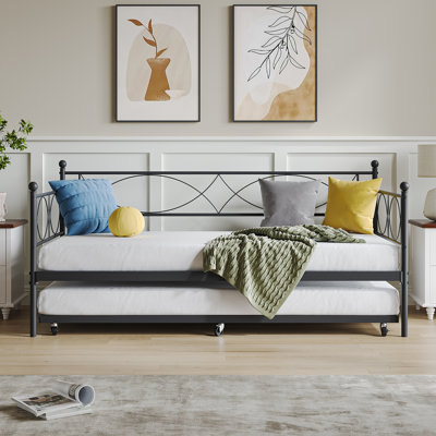 Farmhouse Twin Metal Daybed with Trundle, Geometric Curved Frame, No Box Spring Needed, for Bedroom & Guest Room