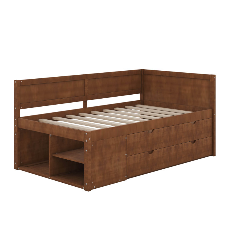 Lit de jour avec tiroirs et tablettes, Noyer, Lit simple