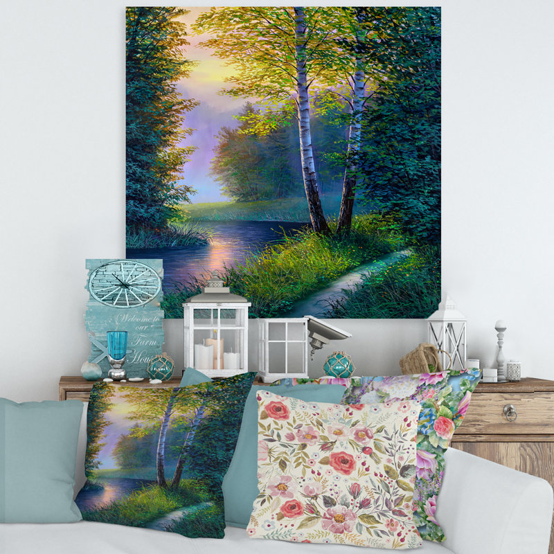 «Morning Sunlight Through The Birch Forest», peinture sur toile, H 36 po x l 36 po x 1,5 po, Toile tendue