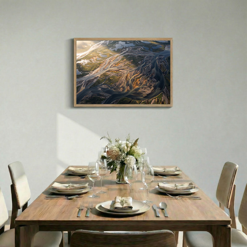 Art mural sur toile vert et brun avec vue aérienne du Delta de la rivière tressée, H 24 po x l 36 po