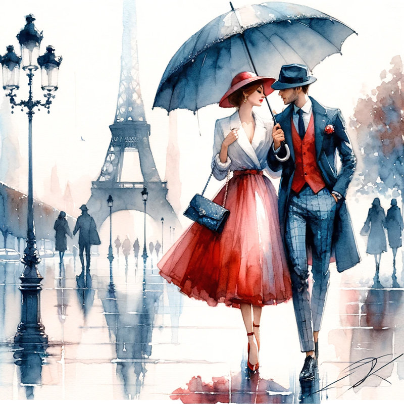 Chic Parisian Promenade, couple élégant avec parasol, H 40 po x l 40 po x P 1,5 po