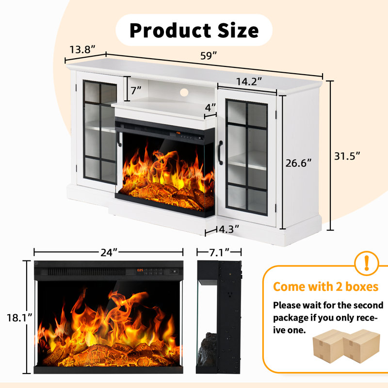Eijah 58.2'' W Storage Credenza with Electric Fireplace Included, White